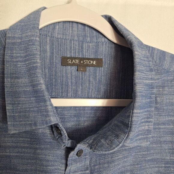Slate & Stone Men's Classic Button Up Shirt Short Sleeve Casual Chambray Large - Picture 2 of 8